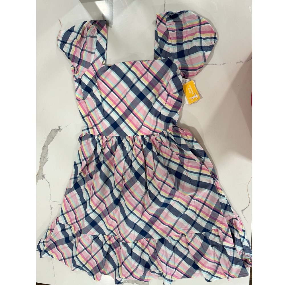 Gymboree Womens Plaid Puff Sleeve Ruffle Hem Dress Multi-Color Large NWT